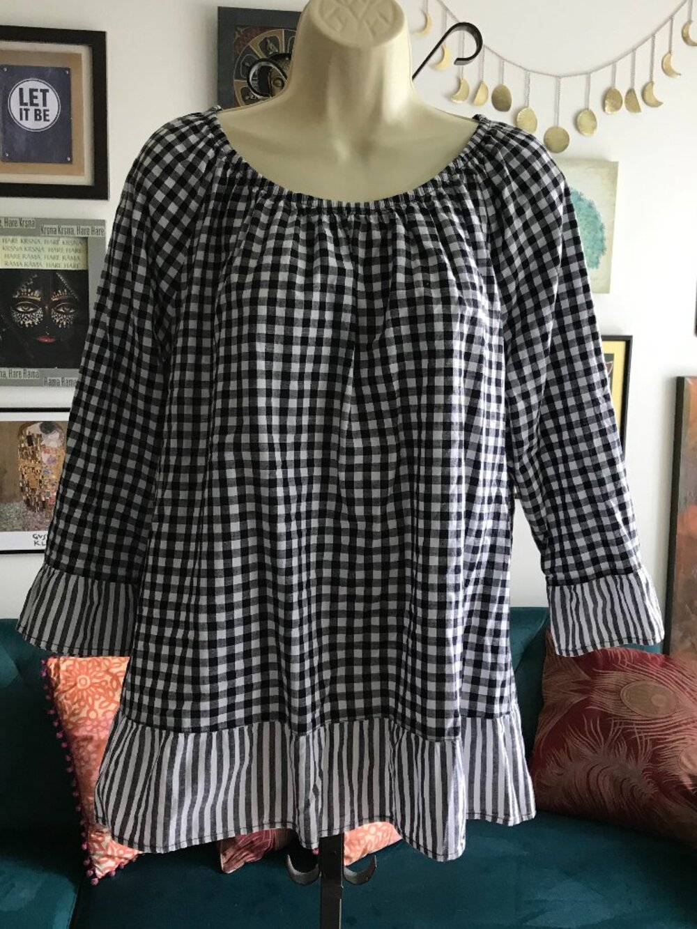 Christopher & Banks size XL Black & White Gingham Check 3/4 Sleeve Peasant Top